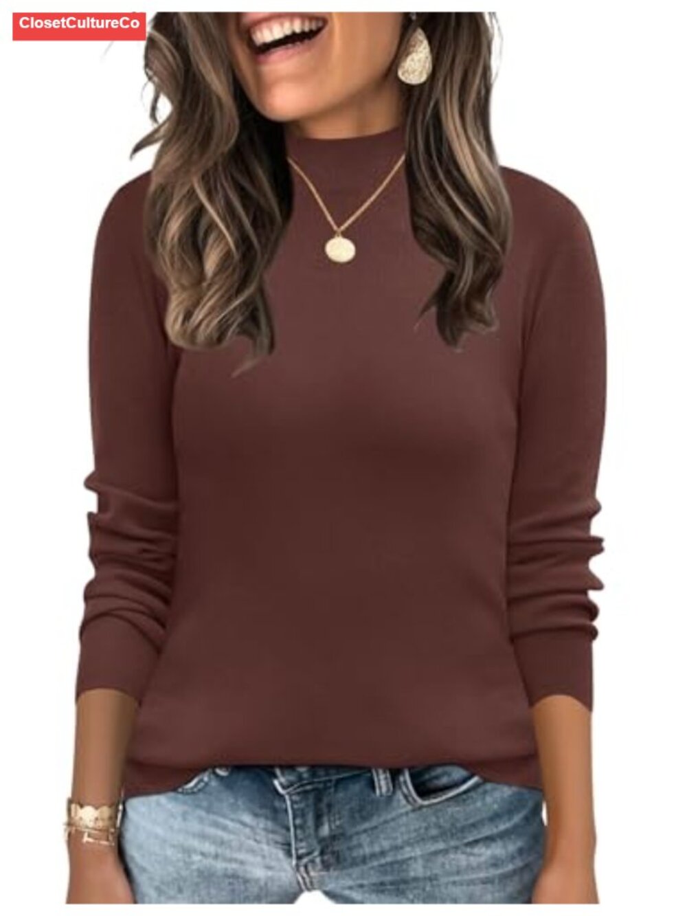 Mock Neck Long Sleeve Knit Pullover Sweater Casual Loose Fit